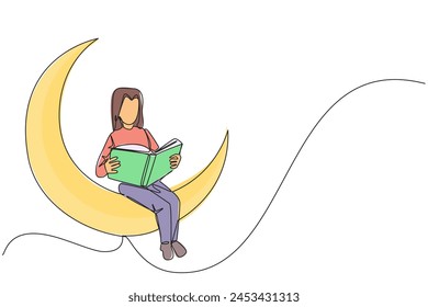 Single one line drawing woman sitting on crescent moon reading a book. Metaphor of reading a fairy story before sleeping. Read until late. Love reading. Continuous line design graphic illustration