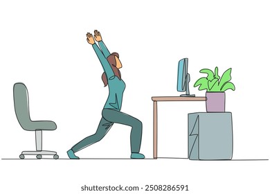 Single one line drawing woman stands with both hands raised and legs stretched. Relax while working. Calming mind. Focus even if work overtime on weekends. Continuous line design graphic illustration