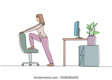 Single one line drawing the woman stands while lifting one of her legs onto a chair. Warm up before facing a lot of work. Working overtime on the weekend. Continuous line design graphic illustration