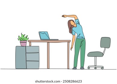 Single one line drawing woman stands while raising one hand and tilting body. Doing exercise during work. Functions to eliminate drowsiness. Overtime. Continuous line design graphic illustration