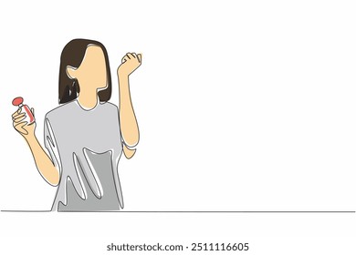 Single one line drawing woman doing perfume testing. Sprayed on hand. Has an amazing base note, middle note and top note. Perfume. National Fragrance Day. Continuous line design graphic illustration