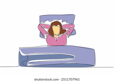 Single one line drawing woman sleeping cover with blanket with hands placed behind head. Energy saving mode. Tired. Sleep well. Dreaming. World Sleep Day. Continuous line design graphic illustration