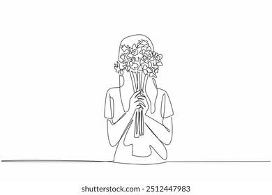 Uma única linha desenhando mulher segurando buquê de narcisos com ambas as mãos. Rubor envergonhado cobriu o rosto. As plantas têm muitos benefícios. Dia do Daffodil. Ilustração gráfica de design de linha contínua