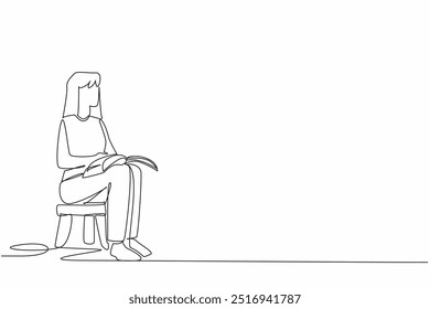 Single one line drawing woman sitting on a child's chair reading a book. Modeling the best way to read. Cultivating good interest. World Read Aloud Day. Continuous line design graphic illustration