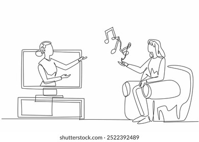 Single one line drawing woman comes out of television monitor holding some tone symbols. Online consultation. Calming tones. Relax. World Music Therapy Day. Continuous line design graphic illustration