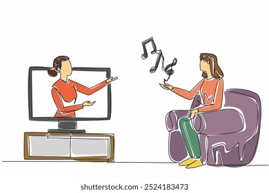 Single one line drawing woman comes out of television monitor holding some tone symbols. Online consultation. Calming tones. Relax. World Music Therapy Day. Continuous line design graphic illustration