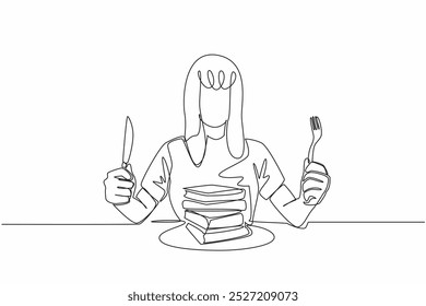 Single one line drawing a woman in casual clothes holding a fork and knife. Unique metaphor. Really likes reading. Increasing insight. Edible Book Day. Continuous line design graphic illustration