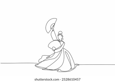 Mulher de desenho de uma única linha vestindo o hanbok dançando e segurando um ventilador de papel em ambas as mãos. Os movimentos do fluido exibem uma ação impressionante. Dia da Dança do Fã. Ilustração gráfica de design de linha contínua