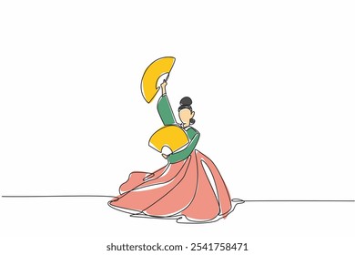 Single one line drawing woman wearing the hanbok dancing and holding a paper fan in both hands. The fluid movements display stunning action. Fan Dance Day. Continuous line design graphic illustration