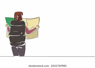 Single one line drawing a woman carrying large backpack while holding a large map. An exciting adventure is about to begin. National Read a Road Map Day. Continuous line design graphic illustration
