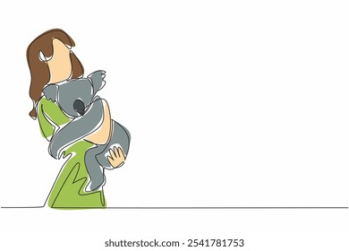 Single one line drawing woman in casual clothes hugging koala. Adorable animal with thick fur. Marsupials originate from Australia. National Zoo Lovers Day. Continuous line design graphic illustration