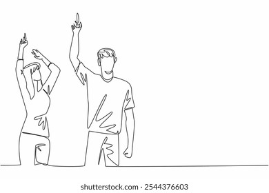 Single one line drawing a woman and a man in casual clothes, their hands pointing upwards. Compete to count the number of stars. Look Up at The Sky Day. Continuous line design graphic illustration