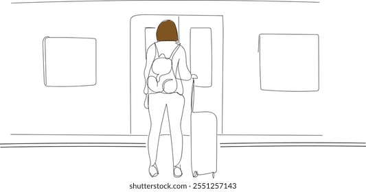 Single one line drawing of woman go traveling by train. All about station and train activity. Simple line, train activity.  Hand made vector not AI.