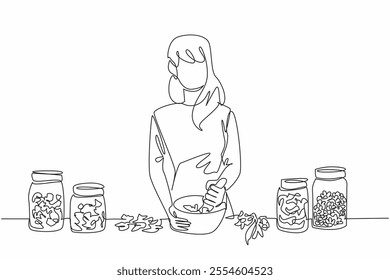 Single one line drawing woman wearing an apron is grinding herbs in bowl of herbalist. The contents of the jar are filled with herbal plants. Herbalist Day. Continuous line design graphic illustration