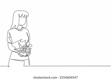 Single one line drawing woman in casual clothes holding herbalist bowl filled with leaves and pestle. Herbal drink concoction ready to made. Herbalist Day. Continuous line design graphic illustration