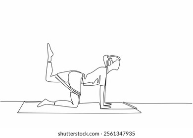 Single one line drawing woman exercising on a training mat doing movements with elastic strap. An exercise that has many benefits. Love Your Thighs Day. Continuous line design graphic illustration