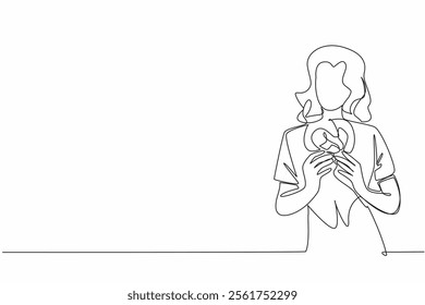 Single one line drawing a woman in casual clothes holding a pretzel. Want to enjoy a classic snack. Three knot cake. Sweet. Tasty. National Pretzel Day. Continuous line design graphic illustration