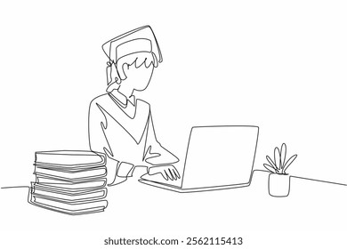 Single one line drawing a woman wearing a graduation gown with hat. Typing on laptop to fill in personal data. Online graduation. National Dissertation Day. Continuous line design graphic illustration