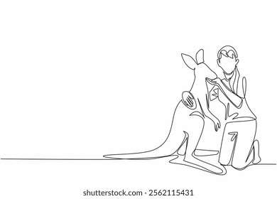 Single one line drawing a woman is crouching and hugging kangaroo. Female tourist takes the opportunity to hug a kangaroo. Activity. Hug an Australian Day. Continuous line design graphic illustration