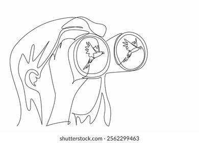 Single one line drawing a woman holds a binocular with one of her hands and watches a parrot fly. Observing the way of flying. National Go Birding Day. Continuous line design graphic illustration