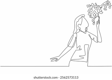 Single one line drawing a woman smells the scent of hanging flowers. Curious about the scent that is so fragrant. Luxury. National Sense Of Smell Day. Continuous line design graphic illustration