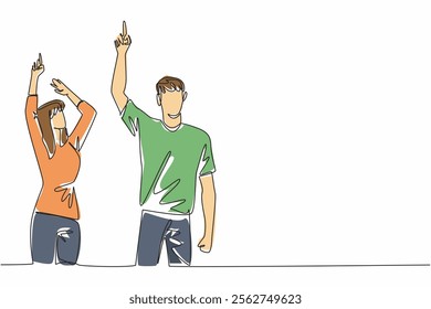 Single one line drawing a woman and a man in casual clothes, their hands pointing upwards. Compete to count the number of stars. Look Up at The Sky Day. Continuous line design graphic illustration