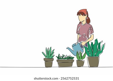 Single one line drawing a woman in casual clothes is watering a potted plant using a watering can. Daily activities. Loves greenery. National Gardening Day. Continuous line design graphic illustration