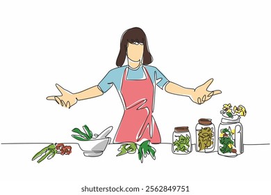 Single one line drawing a woman wearing an apron and a bowl of herbalist containing herbal plants. Mixing plants into a nutritious drink. Herbalist Day. Continuous line design graphic illustration