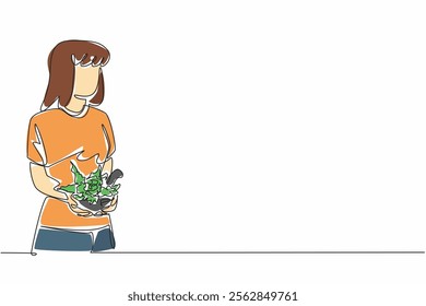 Single one line drawing woman in casual clothes holding herbalist bowl filled with leaves and pestle. Herbal drink concoction ready to made. Herbalist Day. Continuous line design graphic illustration