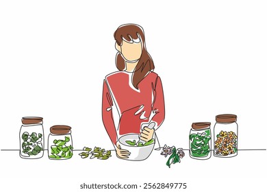 Single one line drawing woman wearing an apron is grinding herbs in bowl of herbalist. The contents of the jar are filled with herbal plants. Herbalist Day. Continuous line design graphic illustration