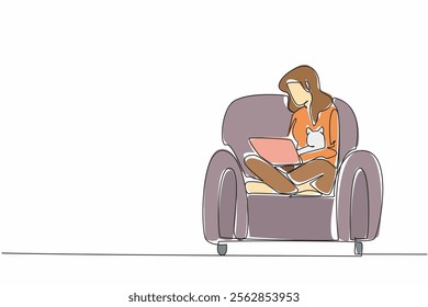 Single one line drawing a woman working on a laptop while holding a cat. Chasing deadlines that must be completed soon. Busy day. National Cat Lady Day. Continuous line design graphic illustration