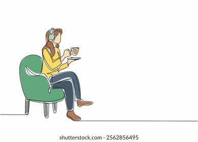 Single one line drawing woman sitting on sofa enjoying warm tea wearing headphones. Double pleasure makes more relaxing. Classical music. National Tea Day. Continuous line design graphic illustration