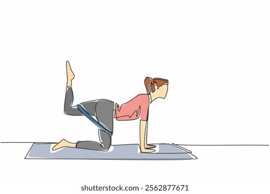 Single one line drawing woman exercising on a training mat doing movements with elastic strap. An exercise that has many benefits. Love Your Thighs Day. Continuous line design graphic illustration