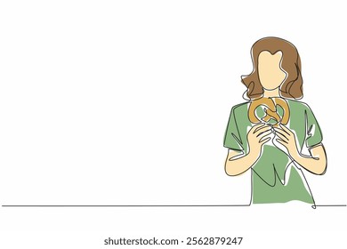 Single one line drawing a woman in casual clothes holding a pretzel. Want to enjoy a classic snack. Three knot cake. Sweet. Tasty. National Pretzel Day. Continuous line design graphic illustration