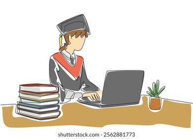 Single one line drawing a woman wearing a graduation gown with hat. Typing on laptop to fill in personal data. Online graduation. National Dissertation Day. Continuous line design graphic illustration