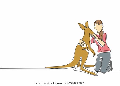 Single one line drawing a woman is crouching and hugging kangaroo. Female tourist takes the opportunity to hug a kangaroo. Activity. Hug an Australian Day. Continuous line design graphic illustration