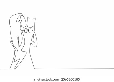 Single one line drawing a woman hugs and kisses a cat perched on her shoulder. Loving animals is like loving children. Adorable. National Pet Parents Day. Continuous line design graphic illustration