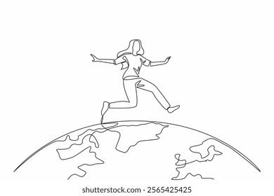 Single one line drawing a woman in casual clothes jumps on half a globe. A symbolism. Female parkour players have gone global. Art. We Jump The World Day. Continuous line design graphic illustration