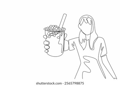 Single one line drawing woman in casual clothes holding glass of bubble tea. Offers cold and sweet drinks. Sweet tapioca. Beverage. National Bubble Tea Day. Continuous line design graphic illustration