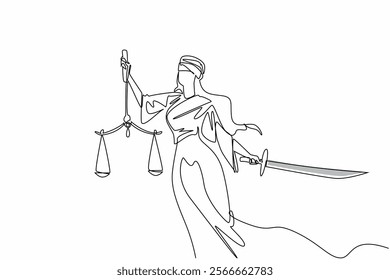 Single one line drawing woman with her eyes covered by cloth holding scales and sword. Symbolism. All are equal before the law. Uphold the law. Law Day. Continuous line design graphic illustration