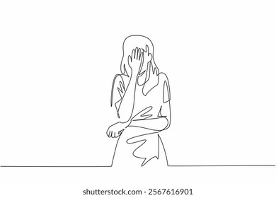 Single one line drawing woman crosses one arm in front of stomach and covers face with other hand. Depression to nausea. National Anxiety Screening Day. Continuous line design graphic illustration