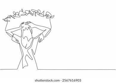 Single one line drawing woman holding head with both hands and a rope tangled around head. Many disturbing thoughts. Stress. National Anxiety Screening Day. Continuous line design graphic illustration