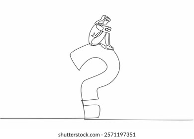 Single one line drawing woman in casual clothes sitting on big question mark while contemplating. Why be away from family. Homesick. National Day of Reason. Continuous line design graphic illustration