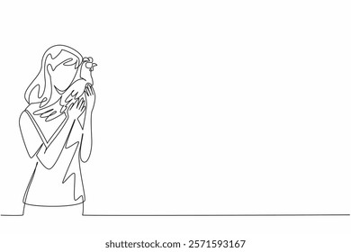 Single one line drawing a woman hugging a hen. It is the laying season. Waiting with affection. Poultry. Together. International Respect for Chickens Day. Continuous line design graphic illustration