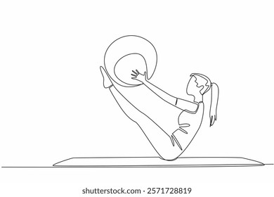 Single one line drawing woman posing with the help of fitness ball. Medicine ball. Helps muscles and spine. Training balance. Exercising. Pilates Day. Continuous line design graphic illustration