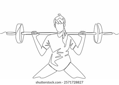 Single one line drawing a woman lifting a barbell on her shoulders with both hands. The beauty who tries to be tough in the gym. National Fitness Day. Continuous line design graphic illustration