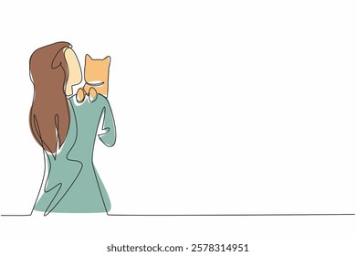 Single one line drawing a woman hugs and kisses a cat perched on her shoulder. Loving animals is like loving children. Adorable. National Pet Parents Day. Continuous line design graphic illustration