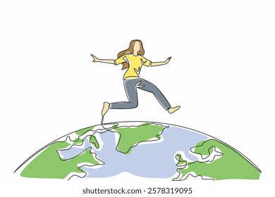 Single one line drawing a woman in casual clothes jumps on half a globe. A symbolism. Female parkour players have gone global. Art. We Jump The World Day. Continuous line design graphic illustration