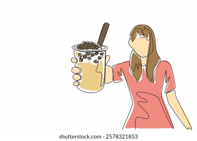 Single one line drawing woman in casual clothes holding glass of bubble tea. Offers cold and sweet drinks. Sweet tapioca. Beverage. National Bubble Tea Day. Continuous line design graphic illustration