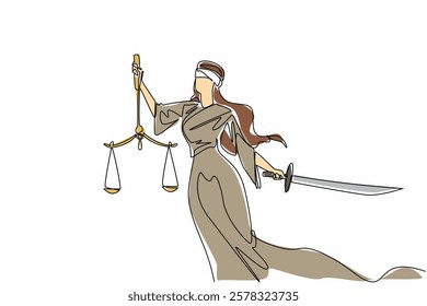 Single one line drawing woman with her eyes covered by cloth holding scales and sword. Symbolism. All are equal before the law. Uphold the law. Law Day. Continuous line design graphic illustration